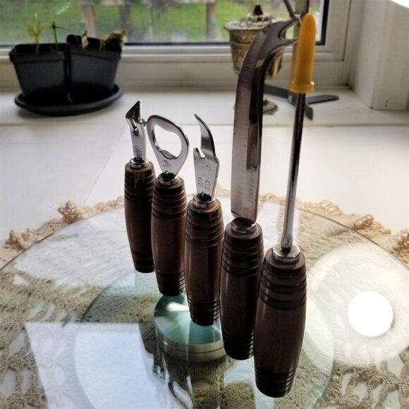 Vintage Mid Century Bar Tool Set with Wood Barrel Handles Ideal Viking - Picture 8 of 11